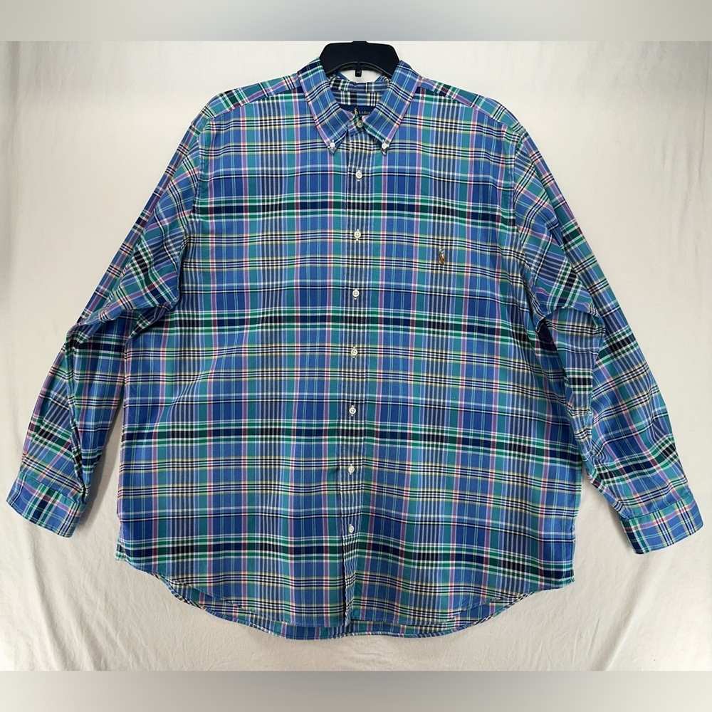Ralph Lauren Button Down Up Shirt Blue Green Pink Plaid Mens Size 2XB‎